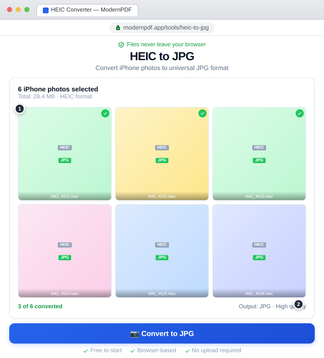 ModernPDF HEIC converter showing six iPhone photos being converted from HEIC to JPG format with progress indicators and green checkmarks for completed conversions — files never leave your browser