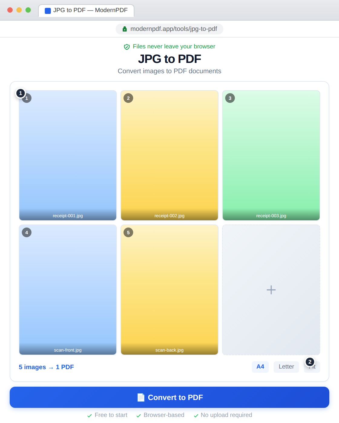 ModernPDF JPG to PDF converter showing five receipt images in a grid with page size options (A4, Letter, Fit) — files never leave your browser