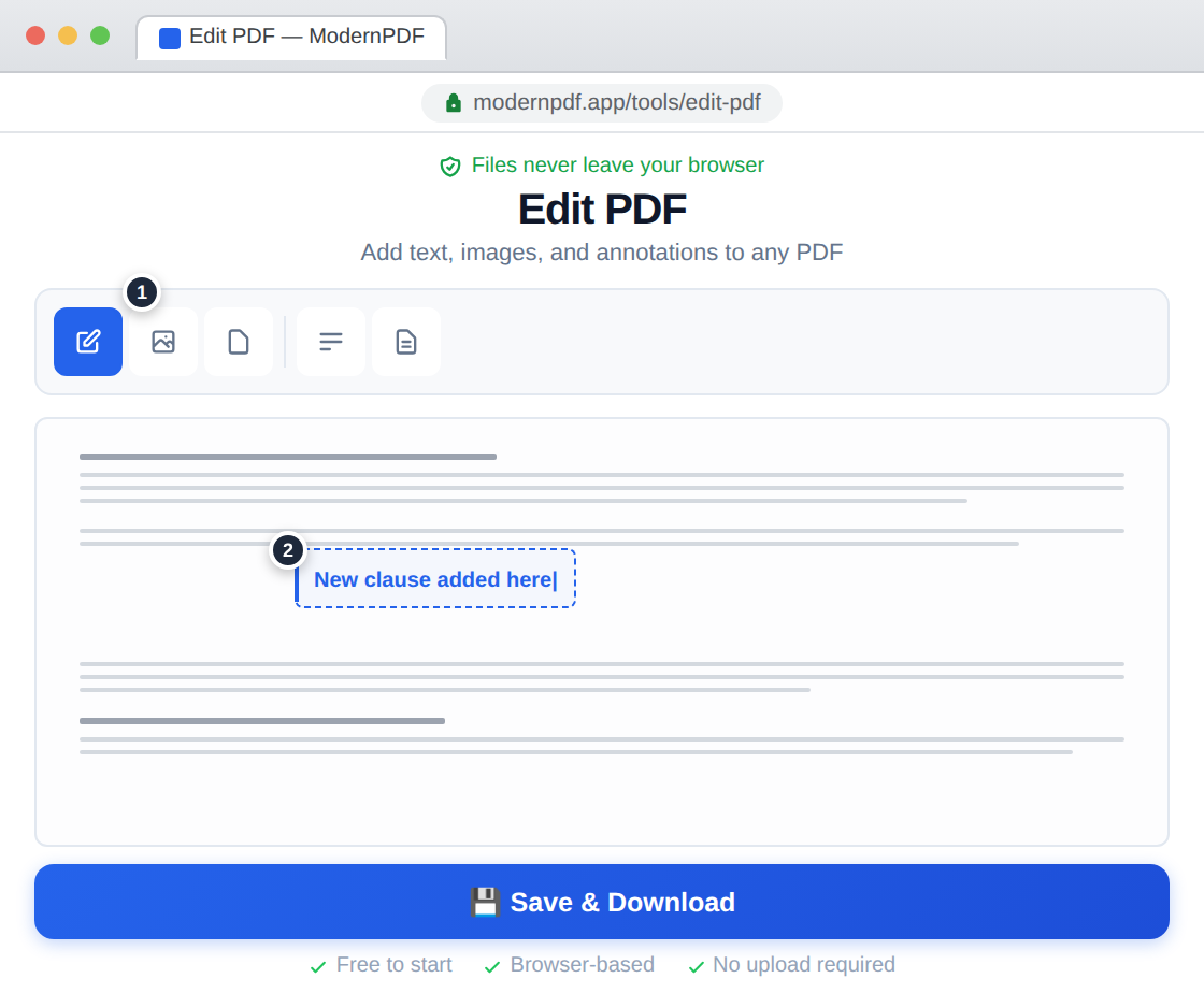 ModernPDF Edit PDF tool showing a document editing toolbar with text, image, and annotation tools, plus a page with an active text cursor inserting new content — files never leave your browser