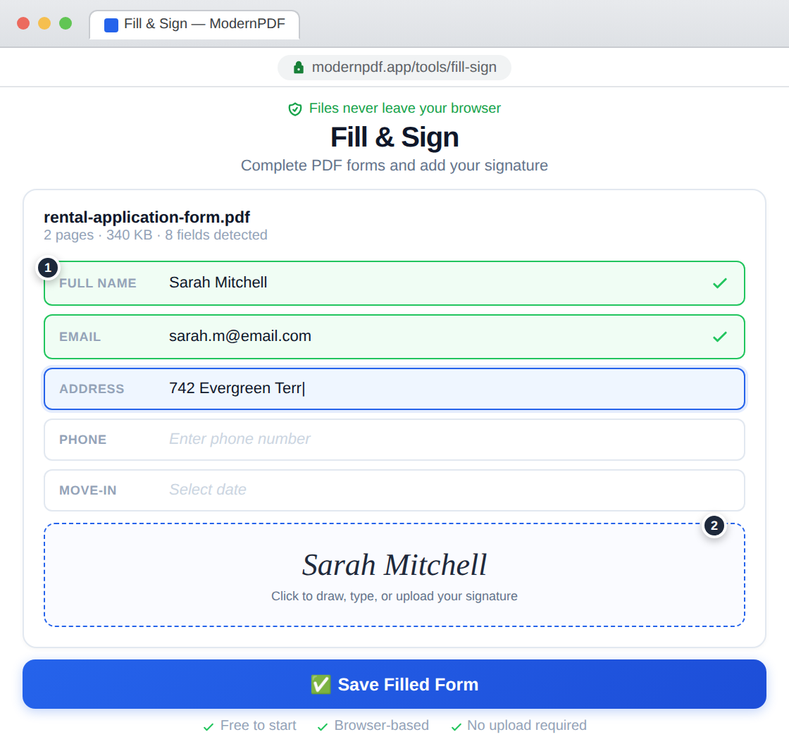 ModernPDF Fill and Sign tool showing a rental application form with completed fields, an active text input, and a signature preview — files never leave your browser