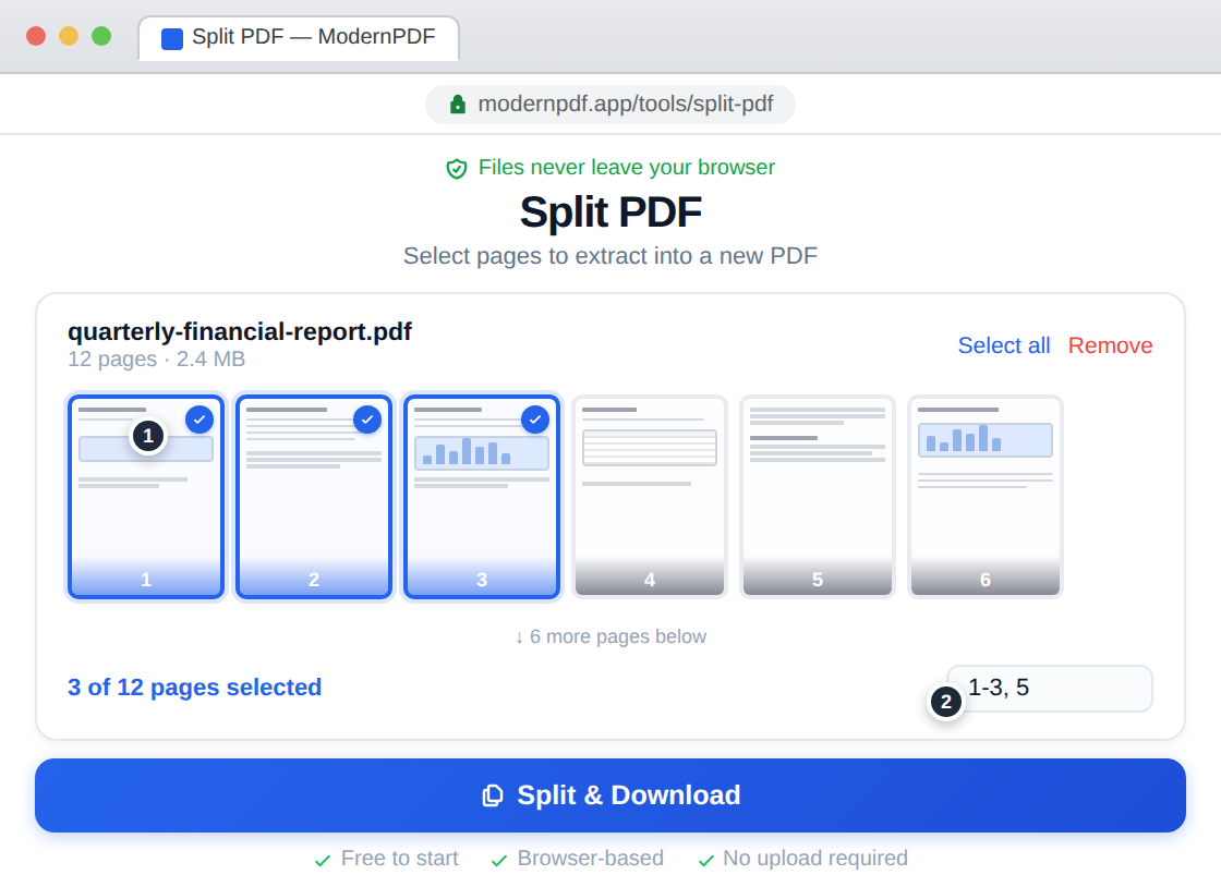 ModernPDF Split PDF tool showing a 12-page financial report with pages 1-3 selected via clickable thumbnails, a page range input field, and a Split and Download button — files never leave your browser